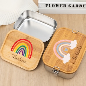 Lonchera personalizada con tapa de madera para niños, lonchera escolar para niños, panera de acero inoxidable, regalo de bautizo para niños y niñas.