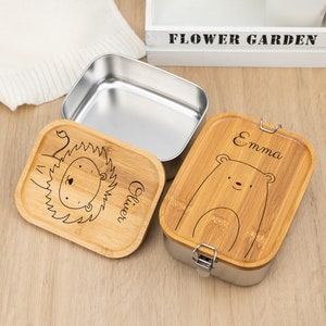 Fiambrera de madera personalizada para niños, Panera infantil con simpáticos animalitos, Caja de snacks ecológica para niños, Regalos de bautizo, Regalos de cumpleaños