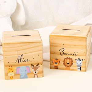 Hucha personalizada para niños con nombre, hucha de madera para bebé, hucha para niños, regalo de bautizo, regalo de cumpleaños para niños.