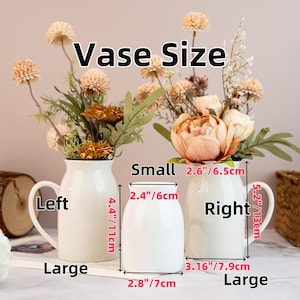 May include: Three white ceramic vases of varying sizes, filled with artificial flowers. The image includes measurements: small vase is 2.4"/6cm wide, 2.8"/7cm base, and 4.4"/11cm tall. The large vase is 3.16"/7.9cm wide and 5.2"/13cm tall.