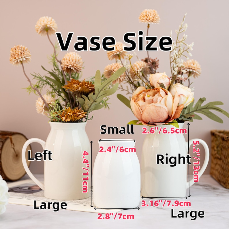 May include: Three white ceramic vases of varying sizes, filled with artificial flowers. The image includes measurements: small vase is 2.4"/6cm wide, 2.8"/7cm base, and 4.4"/11cm tall. The large vase is 3.16"/7.9cm wide and 5.2"/13cm tall.
