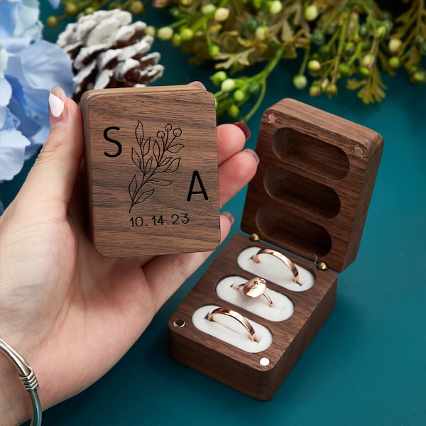 Caja de anillo de compromiso personalizada, caja de anillo triple de madera personalizada, caja de anillo de 3 ranuras, caja portadora de anillo grabada, caja de propuesta, para ceremonia de boda