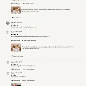 May include: Image showcasing customer reviews with a 5-star rating. The text reads "Thousands of 5-Star Reviews" and "Quality You Can Trust." Reviews mention gifts, quality, and delivery. Product images include vases and plant pots.