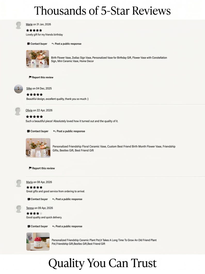 May include: Image showcasing customer reviews with a 5-star rating. The text reads "Thousands of 5-Star Reviews" and "Quality You Can Trust." Reviews mention gifts, quality, and delivery. Product images include vases and plant pots.