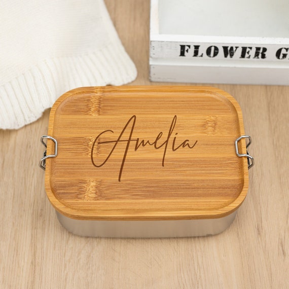 Personalized Lunch Box with Name,Custom Lunch Box for Her and Him,Stainless Steel Bread Box,Wooden Lid Snack Box,Food Container,Kindergarten