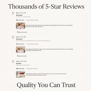 May include: Image featuring customer reviews with the text "Thousands of 5-Star Reviews" and "Quality You Can Trust." Reviews include customer names, dates, and product descriptions. The background is a light beige color.
