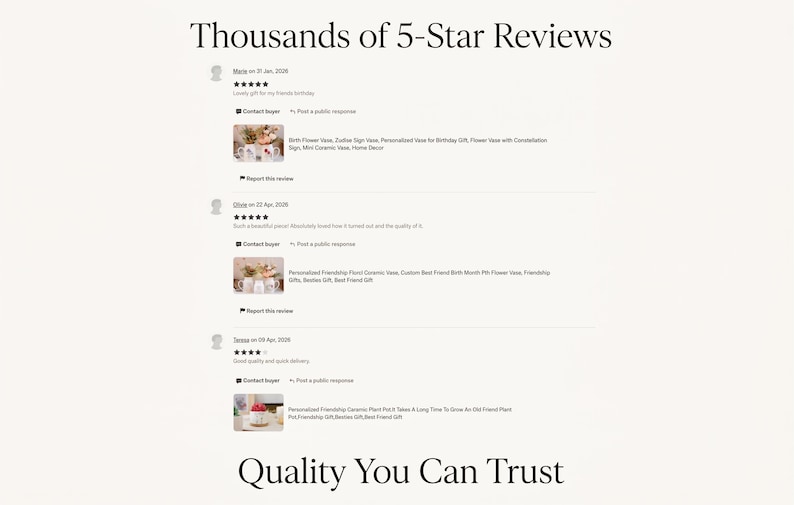 May include: Image featuring customer reviews with the text "Thousands of 5-Star Reviews" and "Quality You Can Trust." Reviews include customer names, dates, and product descriptions. The background is a light beige color.