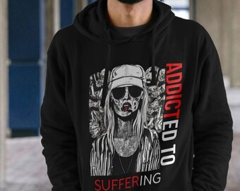 Addicted To Suffering Hoodie With Woman | Preppy Rave Streetwear Sweatshirt | Sustainable Organic Cotton Trendy Clothing | EcoChicRebellion