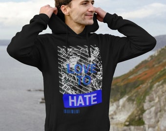 Love To Hate Herren Kapuzenpullover Blau | Preppy Streetwear Sweatshirt | Techwear Nachhaltige Bio-Baumwolle Trendige Kleidung | EcoChicRebellion