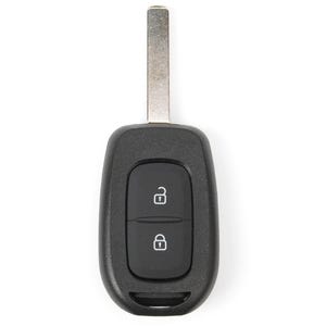 Op de afbeelding: Een zwarte autosleutel van kunststof met een metalen sleutelbaard die aan de bovenkant uitsteekt. Het centrale bedieningspaneel bevat twee rubberen knoppen, elk gemarkeerd met een wit icoon: een open hangslot voor ontgrendelen en een gesloten hangslot.
