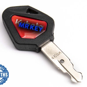 May include: A black and red Kubota key with the text "MR KEY" in blue. The key has a silver blade with the number "459A" stamped on it. The key is on a white background.