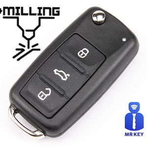 May include: Black car key with three buttons. The buttons have icons for unlocking, locking, and opening the trunk. The key has a silver loop for attaching to a keychain.