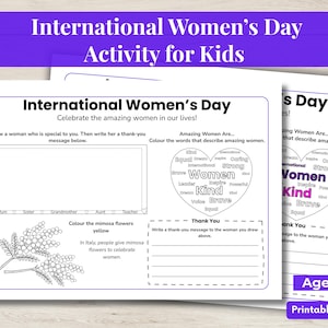 Puede incluir: Una hoja de actividades imprimible para el Día Internacional de la Mujer para niños, con indicaciones para dibujar a una mujer, escribir un mensaje de agradecimiento y colorear flores de mimosa. Incluye el texto "Actividad del Día Internacional de la Mujer para niños."