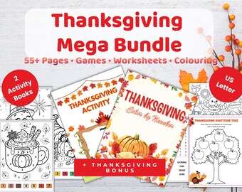 May include: Thanksgiving Mega Bundle with 55+ pages of games, worksheets, and coloring activities. Includes two activity books and a bonus. Features a pumpkin and fall leaves. US Letter size.