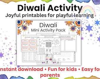 Può includere: Un pacchetto stampabile bianco intitolato "Diwali Mini Activity Pack" con vari fogli di attività per bambini. L'immagine include il testo "Diwali Activity" e "Joyful printables for playful learning". Il pacchetto include giochi di parole e altre attività divertenti.