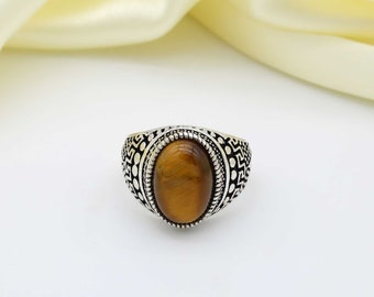 Tigerauge-Edelstein-Silberring, 925er-Sterlingsilberring, handgefertigter Ring, Statement-Ring für Frauen, natürlicher ovaler Edelsteinring, Geschenk für Sie