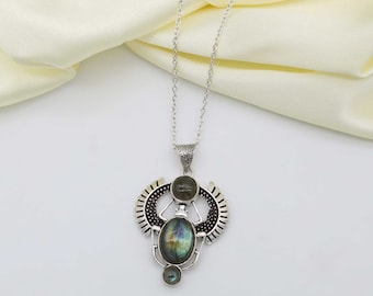 Labradorite Scarab Necklace, 925 Sterling Silver Ancient Egyptian God Khepri Talisman, Mythological Amulet Pendant Gemstone Beetle Necklace