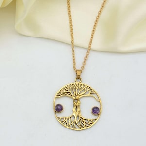 Tree of life Amethyst Gemstone pendent, Tree of life Jewelry, Brass jewelry, Tree Of Life Necklace For Women, Family Pendant, Mother&#39;s Gift