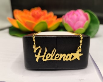 Customized Name With Star Symbol Nameplate Pendant, Gold Necklace, Custom Name Necklace, Gold Chain Necklace, Star Name Plate Necklace Gift