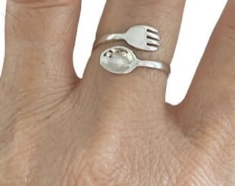 Vintage Sterling Silver Fork and Spoon Adjustable Ring, Fork Ring, Spoon ring, Gift For mom, Kitchen set ring, Gift For her, Women's ring