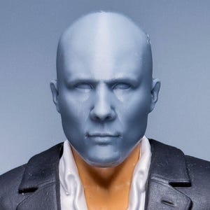 May include: A gray-blue, bald head with a stern expression, wearing a white collared shirt and a black suit jacket. The figure is a bust, with the head and upper torso visible against a light blue background.
