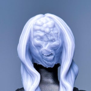 Puede incluir: Una figura de plástico blanco con el pelo largo y ondulado y una cara detallada. La figura lleva una chaqueta negra y un cinturón marrón.