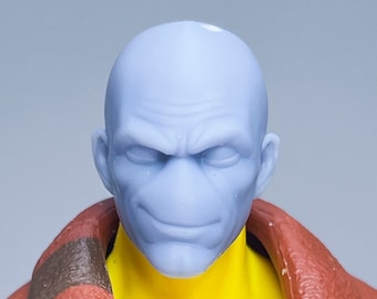 May include: A blue-skinned action figure with a yellow torso and brown jacket. The figure has a serious expression and is wearing an X-Men logo on the jacket.
