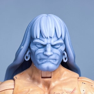 Könnte beinhalten: Nahaufnahme einer blau-grauen Actionfigur mit langen Haaren, einem muskulösen Oberkörper und einem ernsten Gesichtsausdruck.