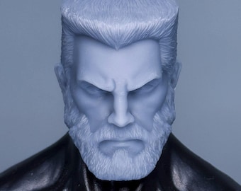 May include: A close-up of a white plastic action figure head with a sculpted beard and hair. The figure has a serious expression with furrowed brows and a closed mouth.