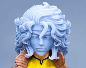 May include: A close-up of a female action figure with white hair, a yellow and green costume, and a brown jacket. The figure has a black X on the chest of the costume.