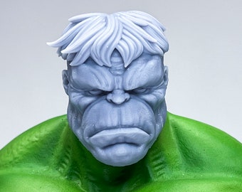 May include: A green and grey action figure head with a sculpted face and hair. The figure has a serious expression and is looking directly at the camera.