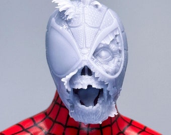 May include: A 3D printed, unpainted, gray plastic head sculpt of a zombie Spider-Man. The head is detailed with a cracked mask, exposed teeth, and a tattered web design.