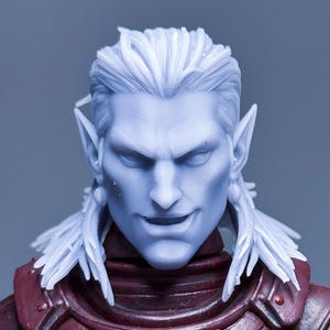 May include: A detailed image of a fantasy figure's head and shoulders. The figure has pale skin, pointed ears, and white hair. It wears a burgundy-coloured armored chest piece with red accents. The figure's expression is a slight smirk.