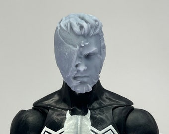 May include: A black and white action figure with a partially masked face. The figure has a black suit with white webbing and a white symbol on the chest.