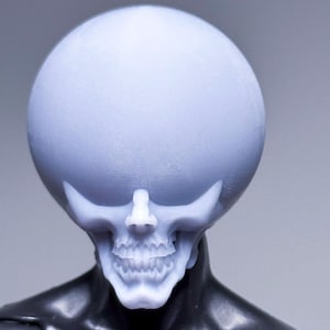 May include: A close-up of a grey action figure with a skull-shaped head. The figure has a smooth, black body and a spherical head with a detailed skull face. The figure is posed against a grey background.