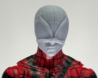 May include: A red and black spider-man action figure with a gray mask and blue arms. The figure has a detailed design and is posed with its arms outstretched.