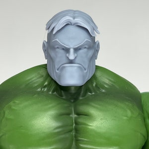 May include: A close-up of a green Hulk action figure with a removable head. The head is sculpted in a light grey colour and has a stern expression.