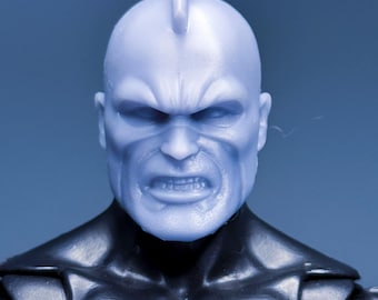 May include: A close-up of a pale blue action figure head with an angry expression. The figure has a prominent brow, a small fin on top of the head, and a black, glossy chest.