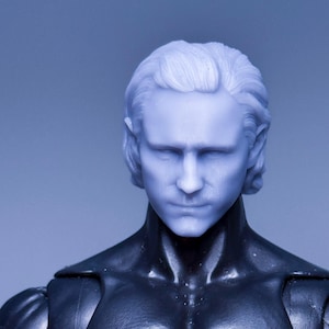 May include: A light blue, unpainted resin head sculpt of a person with medium-length, swept-back hair. The facial features include a defined nose, a straight mouth, and a strong jawline. The head is attached to a black, muscular torso piece.