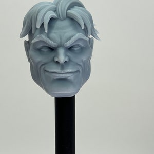 May include: A 3D printed gray plastic head sculpt of a man with short, wavy hair. The man has a mischievous smile and a furrowed brow.