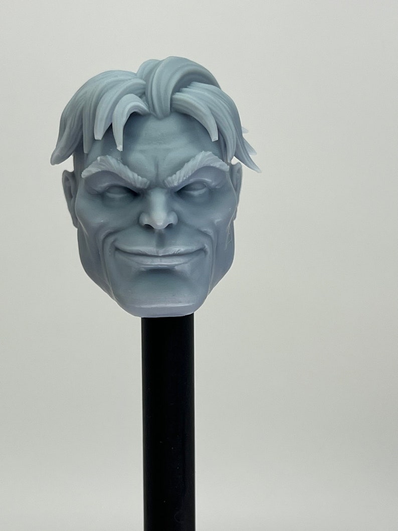 May include: A 3D printed gray plastic head sculpt of a man with short, wavy hair. The man has a mischievous smile and a furrowed brow.