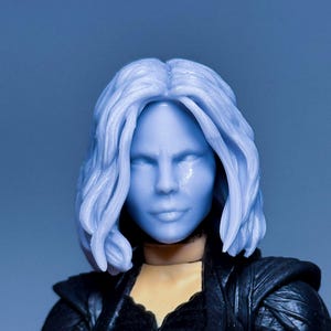 May include: A blue-skinned action figure head with wavy, light blue hair. The figure has a neutral expression and is wearing a black, textured jacket. The background is a solid blue.