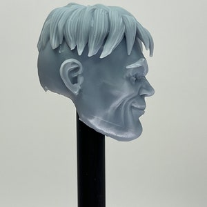 May include: A gray 3D printed head sculpt of a man with short, textured hair and a slight smile. The head is mounted on a black stand.