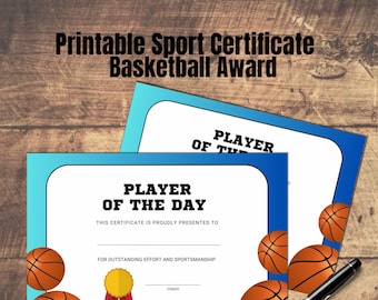 Printable Basketball Award Certificate, Player of the Day (Digital Download)