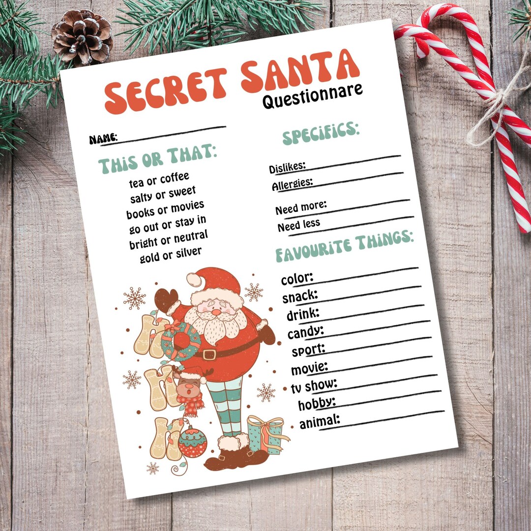 Secret Santa Questionnaire Office Gift Exchange Work Secret Santa Printable Santa Survey ...