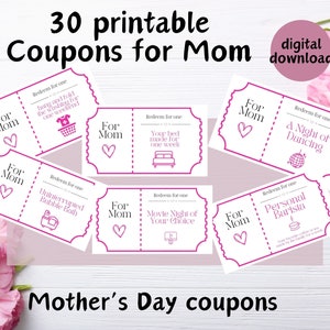 Cupones para el día de la madre, cupones de regalo imprimibles para mamá, cupones de amor imprimibles, cupones para el día de la madre, cupones para regalo de cumpleaños de mamá