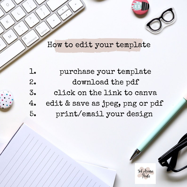 Puede incluir: Un fondo blanco con un teclado, un cuaderno, un bol&iacute;grafo, gafas y dos botones peque&ntilde;os. El texto "How to edit your template" est&aacute; en la parte superior de la imagen. Una lista numerada de instrucciones sigue: 1. purchase your template, 2. download the pdf, 3. click on the link to canva, 4. edit & save as jpeg, png or pdf, 5. print/email your design. El texto "3rd Avenue Prints" est&aacute; en la parte inferior de la imagen.