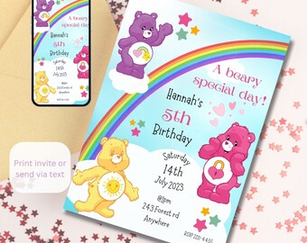 Invitación de cumpleaños de osos cariñosos, invitación a fiesta de osos cariñosos, invitación por mensaje de texto, fiesta temática de osos cariñosos, quinto cumpleaños, invitación a fiesta de niñas