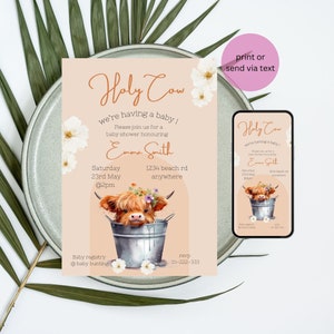 Convite para chá de bebê Boho cow, convite editável para chá de bebê, highland cow, convite para chá de bebê holy cow, convite holy cow highland
