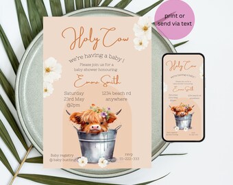 Invitación de baby shower de vaca bohemia, invitación de baby shower editable, vaca de las tierras altas, invitación de baby shower de vaca sagrada, invitación de vaca sagrada de las tierras altas